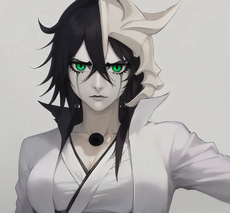 masterpiece, best quality, ulquiorra cifer, casual pose, deadpan expression, white background, calm face, neutral expression, looking ahead, black upper lip, no eyebrows, Arrancar clothing, white jacket, black sash, white hakama, jacket with long coattails...
