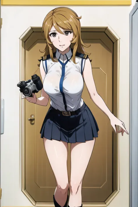 Please draw the facial expression even more delicately,Draw white knee-high boots on both legs,Let's draw a short pleated mini skirt,Big BreastsをさらにBig Breastsに描いて下さい,{{x}},let's draw her expression more delicately,walking alone, city tour ...