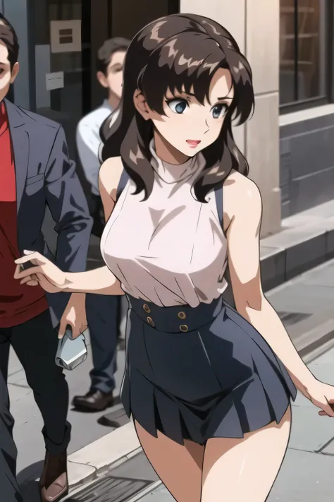Can you draw a dark blue pleated miniskirt,please draw her expression more delicately,walking alone, city tour ,,(((she is wearing casual tourist wear))), I have a SLR camera ,(Let's draw a more delicate look),(sleeveless wool sweater),( pleated legs,...