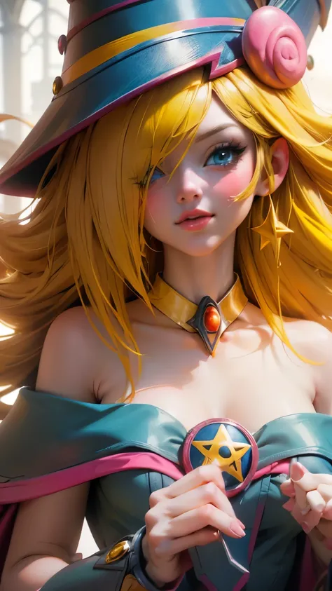 Beautiful face of dark wizard gils. long eyelashes, blue eyes. pink lips. long blonde hair. Yellow hair. exposed shoulders, angelic smile, beautiful well detailed face of the dark wizards gils. blowing a kiss. And winking an eye. She is flirtatious with th...