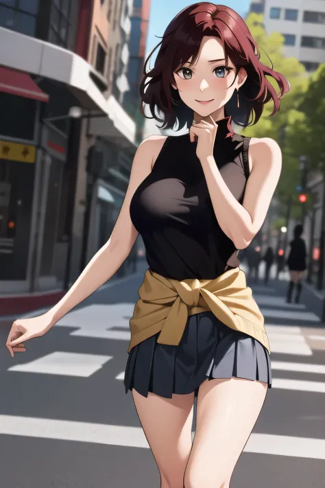 Can you draw a dark blue pleated miniskirt,please draw her expression more delicately，walking alone，   city tour   ,，（（（she is wearing casual tourist wear）））， I have a SLR camera  ,（Let's draw a more delicate look），（sleeveless wool sweater），（ pleated legs，...