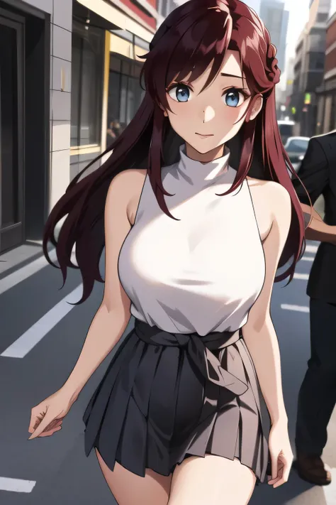 Can you draw a dark blue pleated miniskirt,please draw her expression more delicately，walking alone，   city tour   ,，（（（she is wearing casual tourist wear）））， I have a SLR camera  ,（Let's draw a more delicate look），（sleeveless wool sweater），（ pleated legs，...