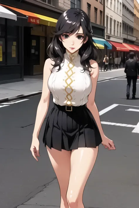 Can you draw a dark blue pleated miniskirt,please draw her expression more delicately,walking alone, city tour ,,(((she is wearing casual tourist wear))), I have a SLR camera ,(Let's draw a more delicate look),(sleeveless wool sweater),( pleated legs,...