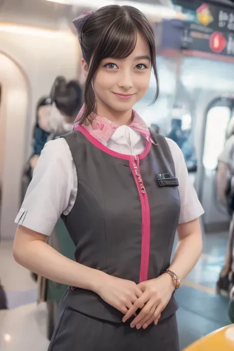 (masterpiece:1.2, Highest Quality:1.2), 32kHDR, high resolution, (alone、one girl)、( station platform、Professional Writing)、Empty station platform background 、( the realistic style of the JR Gran Class crew uniform)、Short sleeve blouse、scarf wrapped around ...