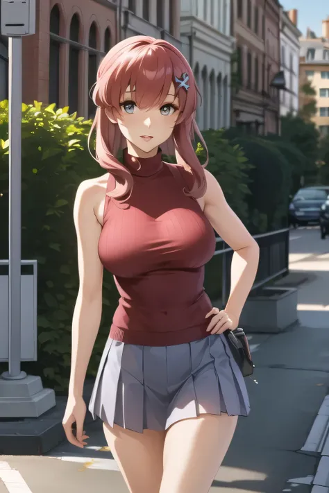 Can you draw a dark blue pleated miniskirt,please draw her expression more delicately,walking alone, city tour ,,(((she is wearing casual tourist wear))), I have a SLR camera ,(Let's draw a more delicate look),(sleeveless wool sweater),( pleated legs,...