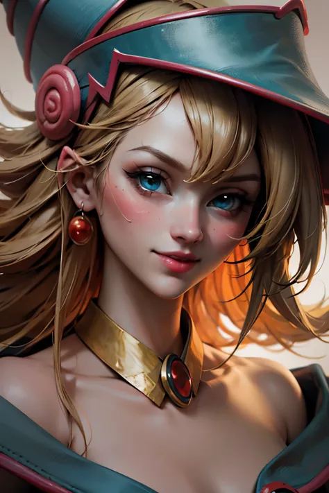 Beautiful face of dark wizard gils.. Blue eyes. Red lips. long blonde hair. gold necklace. gold earrings. smile on his lips. beautiful. Perfect face. half body shot.