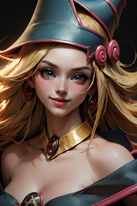 Beautiful face of dark wizard gils.. Blue eyes. Red lips. long blonde hair. gold necklace. gold earrings. smile on his lips. beautiful. Perfect face. half body shot.