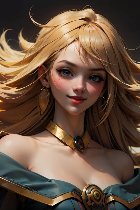Beautiful face of dark wizard gils.. Blue eyes. Red lips. long blonde hair. gold necklace. gold earrings. smile on his lips. beautiful. Perfect face. half body shot.