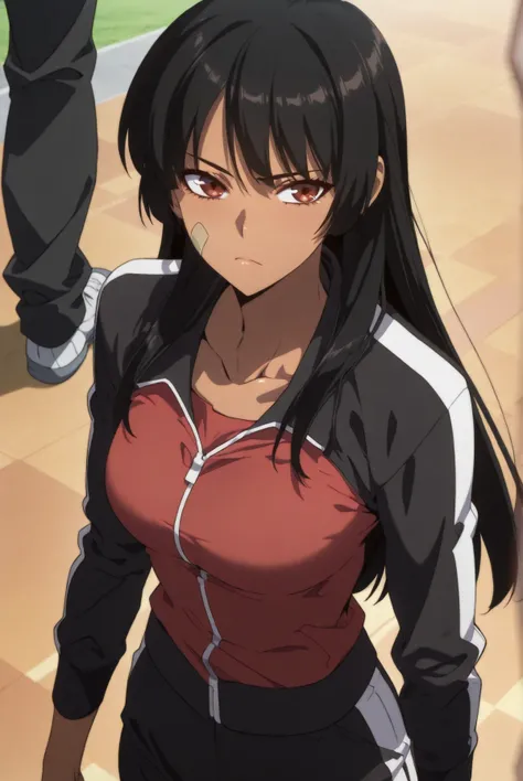 Masterpiece, best quality, source_anime, anime screencap, anime coloring, anime screencap,1girl,sagawa,shiny outfit,shiny skin, black hair, long hair, brown eyes, red eyes, bandaid on cheek, dark skin,collarbone, track jacket, black jacket, long sleeves, r...