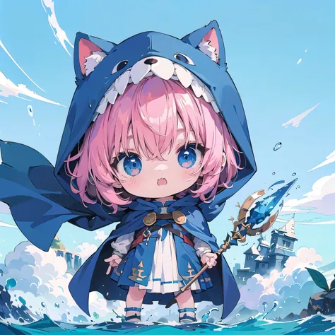 Chibi、cute、 the little one is wearing a blue hooded cloak、The cape reaches up to the ankles 、