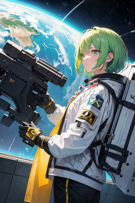 spaceship, Captain Future, comet, Extremely detailed and beautiful design, illustrations, masterpiece,best quality, high resolution, 8k, sf, SPACE FANTASY, Extremely beautiful、Skillfully designed , Very Fine and Beautiful Colors , anime girl with short g...