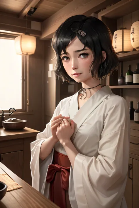 otoko_no_ko:1.2, perfecteyes eyes, looking at viewer with moist eyes, expressive subtle emotions, natural skin texture, soft matte skin, shelves with sake bottles:1.3, ceramic tokkuri and small sake cups on the counter, male daughter shrine priest, standin...