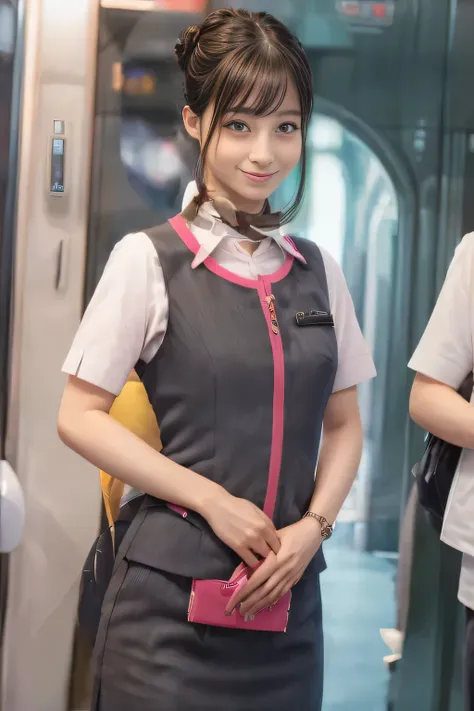 (masterpiece:1.2, Highest Quality:1.2), 32kHDR, high resolution, (alone、1 girl on break day)、( station platform、Professional Writing)、Station Background、( real style wearing JR Gran Class crew uniform )、Short sleeve blouse 、scarf wrapped around the neck、( ...