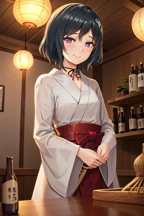 otoko_no_ko:1.2, perfecteyes eyes, shelves with sake bottles:1.3, ceramic tokkuri and small sake cups on the counter, male daughter shrine priest, standing behind lacquered black counter, converted shrine bar interior, wooden lattice walls, exposed ceiling...
