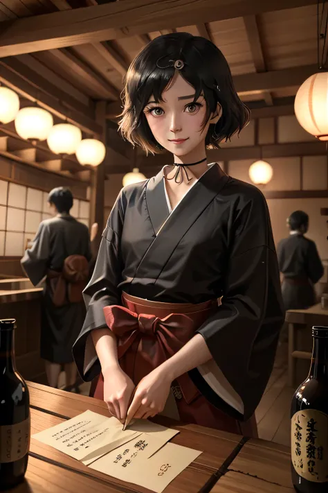 otoko_no_ko:1.2, male daughter shrine priest, standing behind lacquered black counter, inside converted shrine building hidden bar interior, small Japanese shrine interior, wooden lattice walls, exposed ceiling beams, traditional wooden floor, paper lanter...