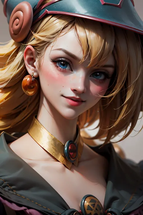 Beautiful face of dark wizard gils.. Blue eyes. Red lips. long blonde hair. gold necklace. gold earrings. smile on his lips. beautiful. Perfect face. half body shot.