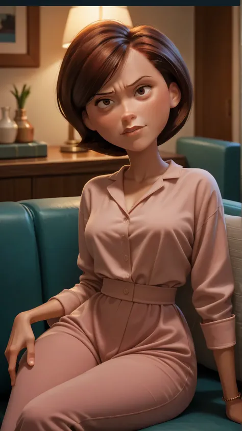 score_9, score_8_up, score_7_up, score_6_up, score_5_up, score_4_up, rating_questionable, 1girl, Hel_enParr, on a couch, seductive look, short hair, dark red hair, big hips, blouse