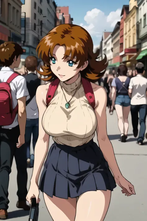 Can you draw hair color brown,(brown hair){{x}},draw her expression more delicately,walking alone, city tour ,,(((She's dressed in a casual tourist style))), I have a SLR camera ,(Let's draw a more delicate look),(sleeveless wool sweater),( Pleated ...