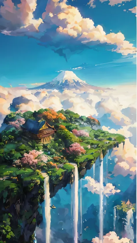 a painting of a waterfall and a house in the sky, anime landscape, makoto shinkai cyril rolando, anime nature, beautiful anime scenery, anime beautiful peace scene, anime scenery, dojo on a mountain, japanese fantasy, anime landscape wallpaper, beautiful a...