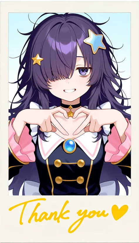 masterpiece, best quality, high quality, good quality, pastel colors, colorful, masterpice,Polaroid-style frame , The image is framed as a Polaroid photograph ,1girl,long hair,dark purple hair, ((messy hair)), star hair ornament ,hair over one eye, (hair o...