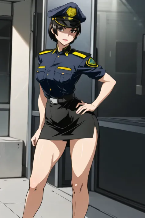 wearing a military hat with legs ,and are wearing high heels, black leather micro mini skirt , wearing miniskirt Police Uniform ,その仕事は1people々々々々々々That's enough,40歳大people々々々々々々々 sexy woman, Police Uniform, draw her expression more delicately,足を広げて...