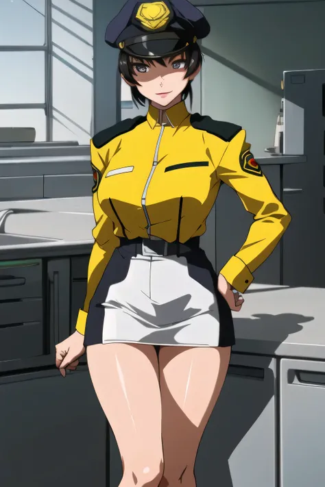 wearing a military hat with legs ,and are wearing high heels, black leather micro mini skirt , wearing miniskirt Police Uniform ,その仕事は1people々々々々々々That's enough,40歳大people々々々々々々々 sexy woman, Police Uniform, draw her expression more delicately,足を広げて...