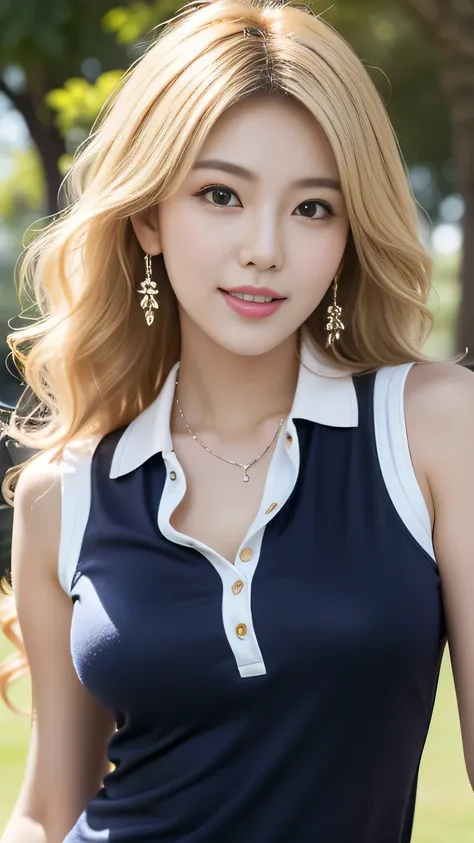 upper body closeup photo anatomically correct 5 fingers beautiful Korean woman in front of the machine ((( blonde blonde hair wavy hair ))) earrings thin necklace (((sleeveless polo shirt))) Big Breasts Sensual Body Enhancement of breast firmness looking...