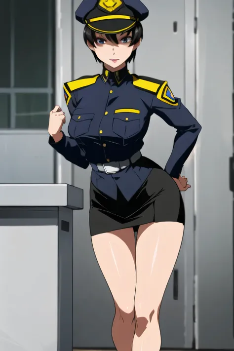 draw a white and gray uniform,Wear a military hat and legs ,and are wearing high heels, black leather micro mini skirt , wearing miniskirt Police Uniform ,その仕事は1people々々々々々々々That's enough,40歳大people々々々々々々々々 sexy woman, Police Uniform, draw her e...