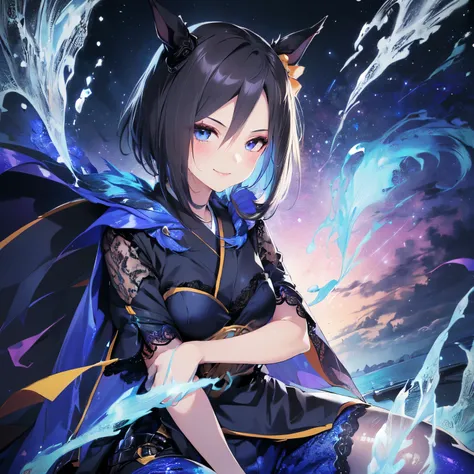 (Solo: 2). Girl. (Girl with horse ears: 1.5). (Girl with horse tail: 1.5). (Black hair: 1.5). (Sitting torture: 1.5). (Arm between legs: 2). (Molestation: 1.5). (Flashy blue sheer lace ninja outfit: 2). (Beautiful sheer black pantyhose: 1.5). (Cape: 1.5). ...