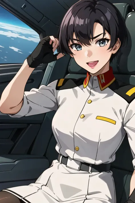 Military帽子を被っている,smile,masterpiece, Highest Quality, high image quality , friendly 1 , 1 girl on break day, alone, (black_ pantyhose:1.1), Military uniform, Military, Compensate, white shirts, white skirt, tight skirt , ...