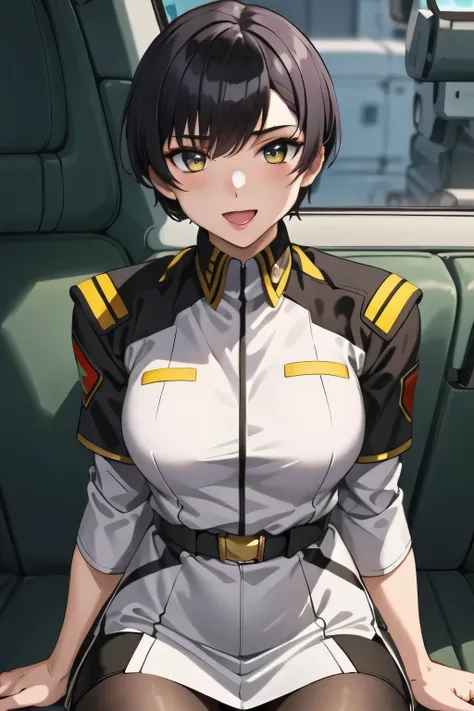 Military帽子を被っている,smile,masterpiece, Highest Quality, high image quality , friendly 1 , 1 girl on break day, alone, (black_ pantyhose:1.1), Military uniform, Military, Compensate, white shirts, white skirt, tight skirt , ...
