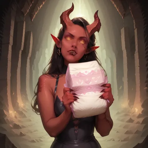 score_7_up, best quality, studio lighting, detailed, realistic, succubus, Succuredskin, dark cave, holding diaper, holding