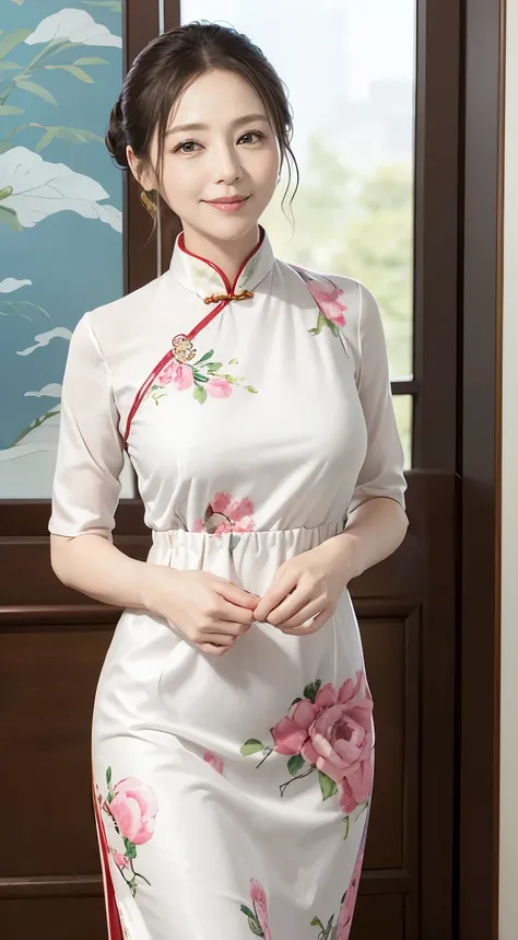 /*High-quality writing*/
top quality, , masterpiece, Pretty and Delicate Fingers , very detailed lips, detailed eyes, realistic pupils,
in their 40s,
/*People and expressions */ colorful patterned China dress ))), (( traditional Chinese dress)), chipao d...