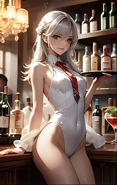 （（（ＳＦＷ、Highest quality、 first class masterpiece 、normal body 、32k、detailed face、super precise、normal hand、5 fingers、Highest）））、Beautiful Girl、 Silver Hair、beautiful breasts、slender、 slim、Petite、 can be used、Female bartender、 high leg leotard suit、Candlelig...