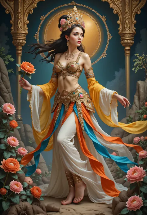 A majestic and seductive vampire queen, of pale porcelain skin and penetrating crimson eyes, wears an elegant and revealing dress fitted to her body like a second black lace skin,
her daring neckline is adorned with blood-colored gems. Her long, undulati...