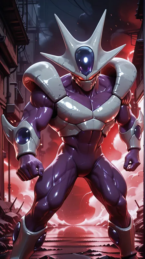 A hyper-realistic CGI rendering of a powerful alien warrior in his final form, inspired by futuristic sci-fi and anime aesthetics. He has a muscular purple body with reflective white bio-armor on his chest, shoulders, arms, and legs. His face is partially ...