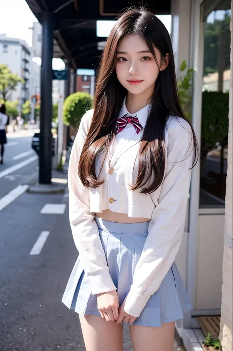 A girl (18 years old, Japanese pretty face) is wearing high school uniforms with mini skirt on Spring sunny day.