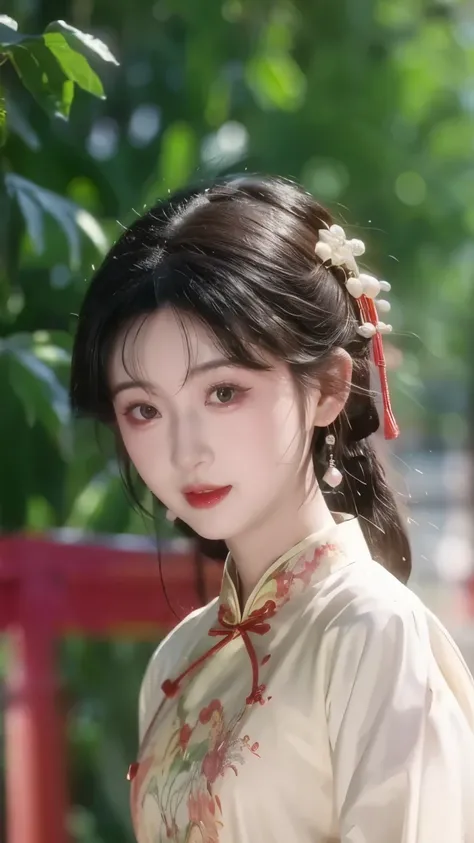 1 beautiful girl,best quality,(painting:1.5),Chest,torii,,depth of field, detailed face ,facial focus,ribbon_trim,(watching the audience:1.25),Smile,Thick lips,Real People,cheongsam