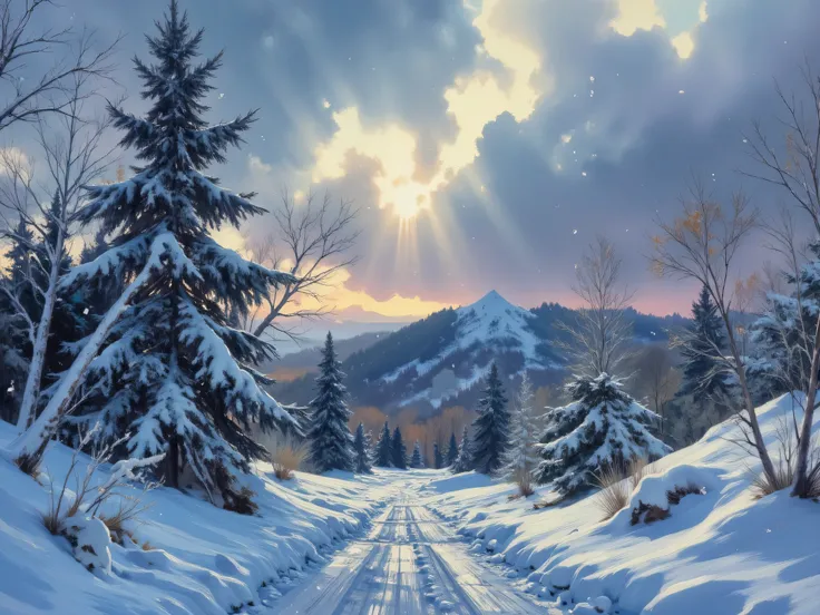 Create a detailed oil painting in a dark fantasy style depicting a snow-covered forest during a blizzard. Illustrate white clouds of snow swirling around oak trees that bend under the weight of snow. Include fluffy snowdrifts created by the storm, contrast...