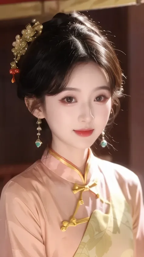 1 beautiful girl,best quality,(painting:1.5),Chest,torii,,depth of field, detailed face ,facial focus,ribbon_trim,(watching the audience:1.25),Smile,Thick lips,Real People,black cheongsam