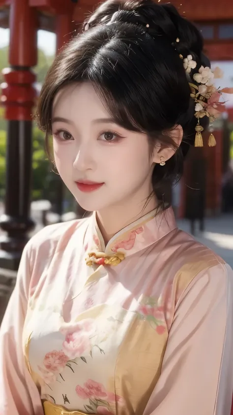 1 beautiful girl,best quality,(painting:1.5),Chest,torii,,depth of field, detailed face ,facial focus,ribbon_trim,(watching the audience:1.25),Smile,Thick lips,Real People,black cheongsam