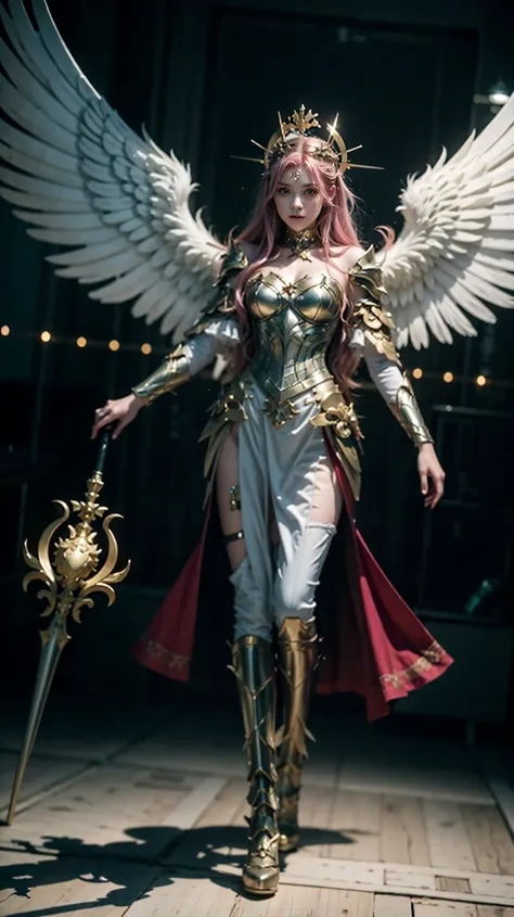 a close-up of a woman with a skull on her shoulder, Anjo majestoso de full body, angel knight girl,  angel in silver armor , tall female angel, beautiful angel girl ciborgue,  gorgeous cleric ,  female artsword by Cushart Krenz , Serafim,  Shadowverse char...