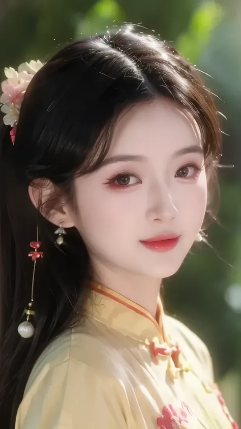 1 beautiful girl,best quality,(painting:1.5),Chest,torii,,depth of field, detailed face ,facial focus,ribbon_trim,(watching the audience:1.25),Smile,Thick lips,Real People,Dark cheongsam
