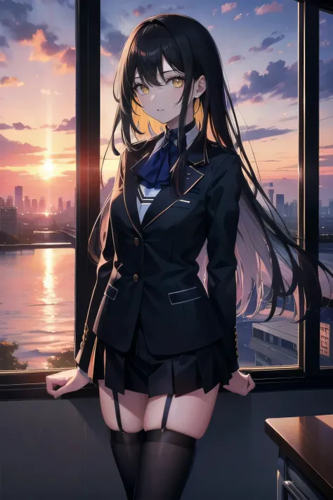 (masterpiece), (best quality), ultra detailed, finely detailed color, cenematic painting, anime lady, model, ((one lady)), 20-years-old, cute face, black hair, semi long hair, straight hair, standing, chocker, black blazer, white blouse, highschool uniform...