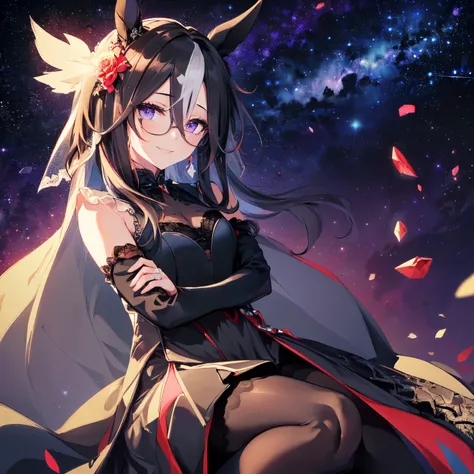 (Solo: 2). Girl. (Girl with horse ears: 1.5). (Girl with horse tail: 1.5). (Black hair: 1.5). (Super long hair: 1.5). (Slant eyes: 1.5). (Arm between legs: 2). (Fancy black lace wedding dress: 2). (Black pantyhose: 1.5). (Short skirt: 1.5). (Cape: 1.5). (S...