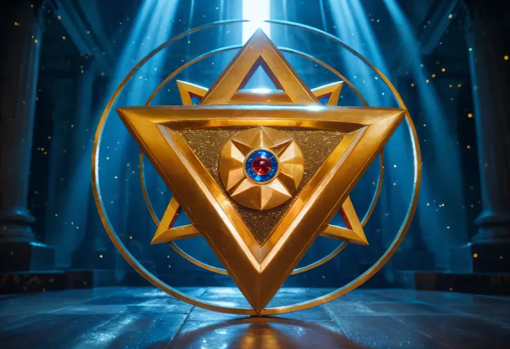 "A massive, flawless gold-plated large golden triangle pulsing with inner light, resting on a pedestal of weathered stone, the triangle is intricately engraved with ancient symbols and features a single crimson blue eye at its base, radiating an intense ga...