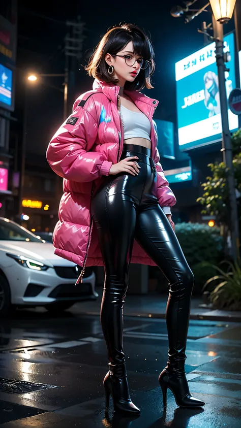 (woman alone, style of smeglejj, short black hair, gorgeous eyes, red glasses, small bust, pink lipstick, shiny white crop jacket, leather pants, knee length high heels, earrings)
bottom: futuristic city at night, wet streets with glitter, tall buildings w...