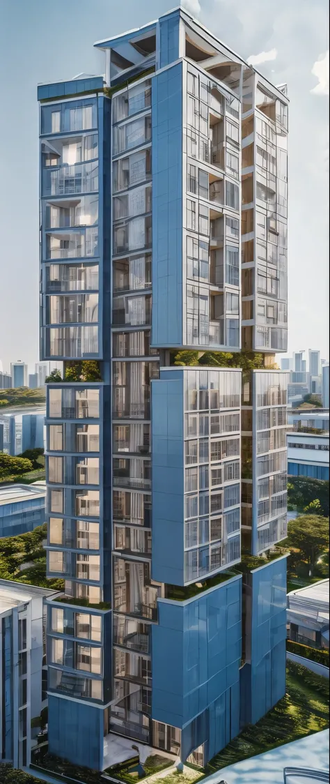 Realistic building render, glazed, blue sky, city,