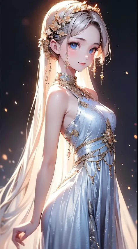 (masterpiece),(Highest Quality:1.2),(Perfect Anatomy),exquisite detail,((1 girl on break day)),LONG SILVER HAIR,((Flat chest)),BEAUTIFUL AND EXQUISITE BLUE EYES,Silky lace dress,(black background),( high-definition and elegant ), feels silky,Cowboy Shot,(f...