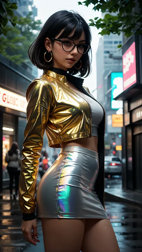 (woman alone, style of smeglejj, short black hair, gorgeous eyes, red glasses, small bust, shiny white crop jacket, skirt, knee length high heels, golden string earrings)
bottom: futuristic city at night, wet streets with glitter, tall buildings with holog...